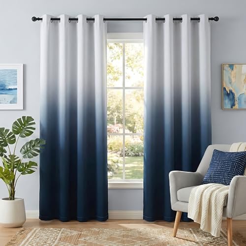 NICETOWN White to Navy Blue Room Darkening Curtains 84 inch Length for Bedroom Decorations, Grommet Ombre Privacy Thermal Insulated Curtains for Patio