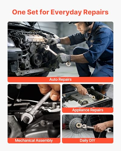 Image of VEVOR Flex-Head Ratcheting Wrench Set, 12-Piece Metric 8 mm to 19 mm, 72 Teeth, Cr-V Steel Ratchet Flexible Combination Wrench Set with Roll Up Pouch, for General Household and Automotive Repairs