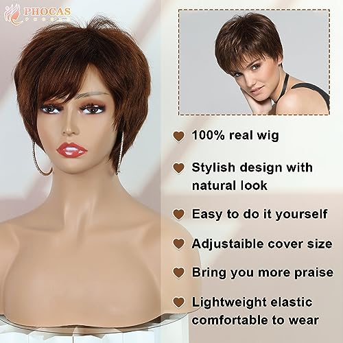 PHOCAS Parrucche Corte per Capelli Umani Castani