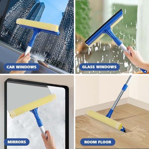 Image of Professional Windo w Squeege,2 in 1 Squeegee Window Cleaner with Long Stainless Steel Handle,Sponge Car Window Squeegee (White)