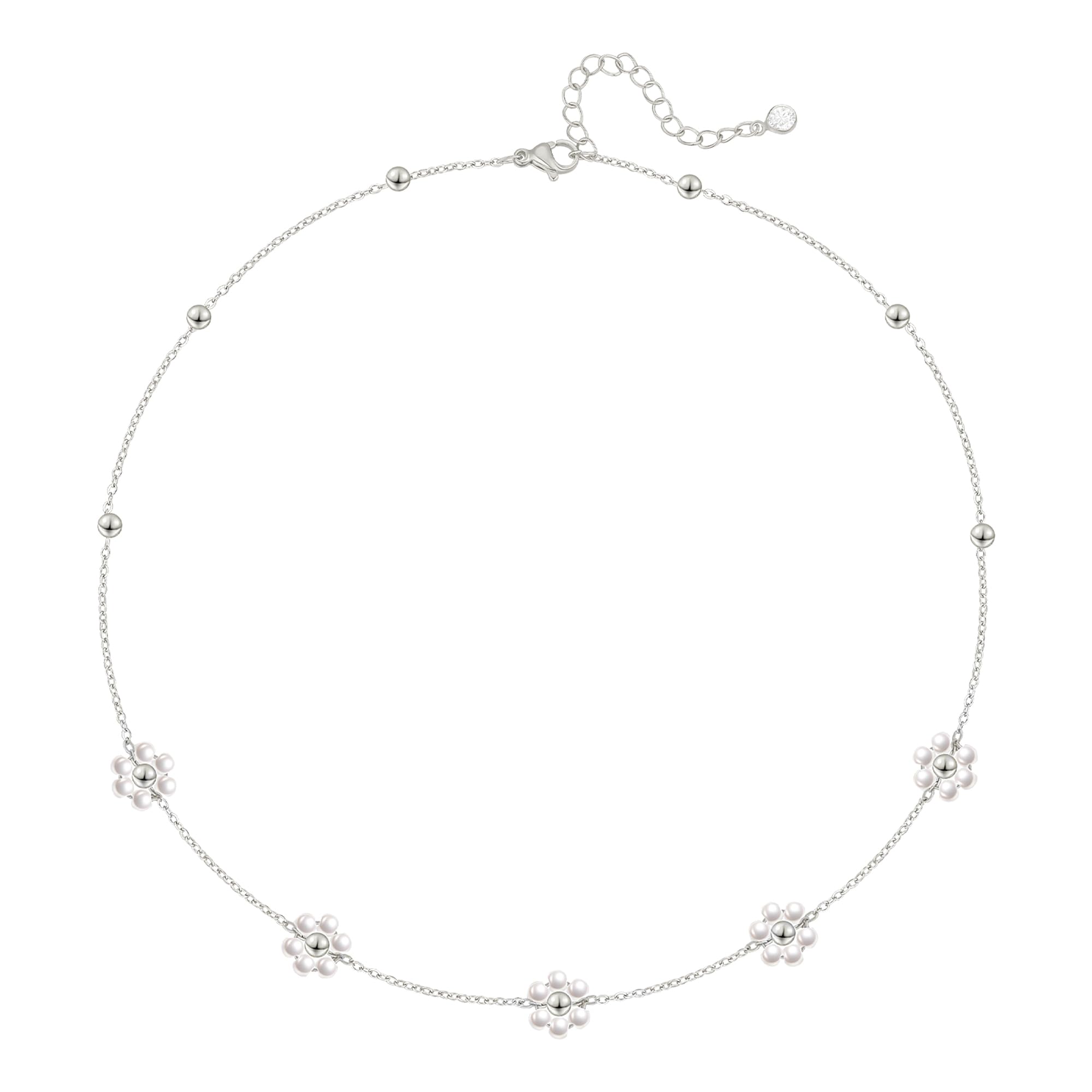 Daisy Pearl Necklace, 14-18 inches Dainty Pearl Choker Necklaces for Women 14K Gold/Silver Flower Necklace Birthday Gifts for Her Pearl Jewelry