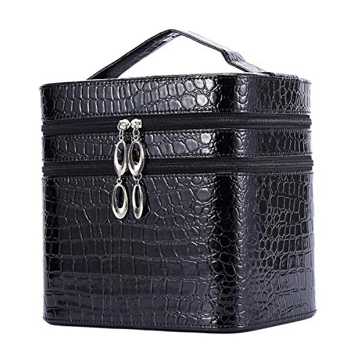 HOYOFO Double Layer Cosmetic Case Storage PU Organizer Travel Multi Layer Desktop Makeup Case Box with Mirror, Black