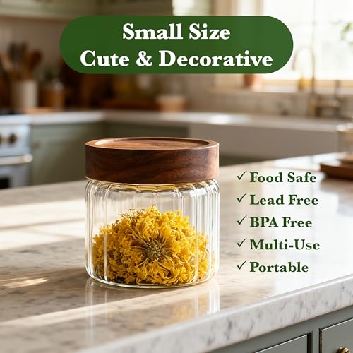 Decorative Borosilicate Glass Jar with Screw Top Airtight Wooden Lid, 17 oz/500ml Leak Resistant Food Storage Canister, Wide Mouth Container for Coffee Sugar Tea Cookie Candy Overnight Oatmeal Salad by LINGSHINE - Used condition - Image 2