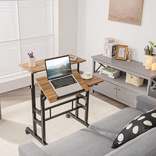Tangkula Mobile Standing Desk Stand Up Desk, Height Adjustable Home Office Desk With Standing & Seating 2 Modes, Tilting Tabletop & Flexible Wheels, Rolling Laptop Cart Sit Stand Desk (Walnut) #TOP3