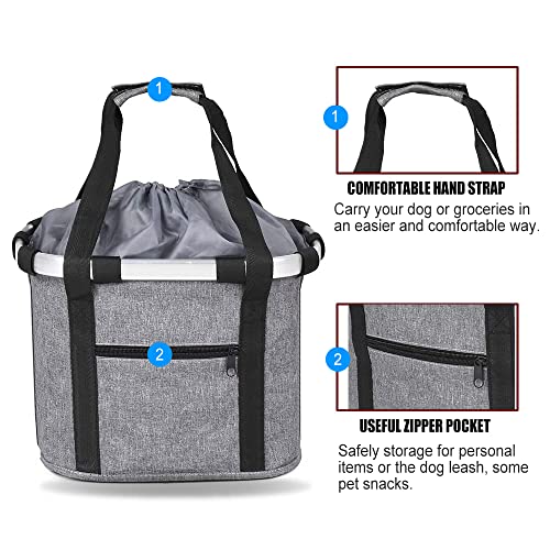 Randder Bike Basket,Dog Bike Basket With Zipper Pocket | Detachable Bicycle Front Dog Carrier With Handle Bike Accessories For Women Pet Grocery Shopping Picnic (Gray) #TOP1