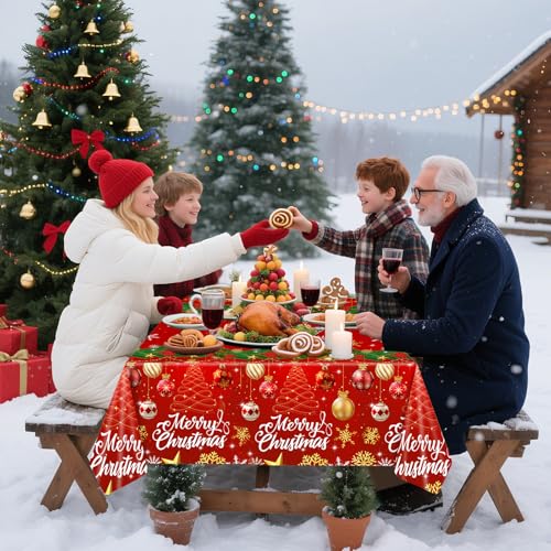 Merry Christmas Tablecloth, 2 Pack Plastic Red Disposable Rectangle Santa Claus Snowman Xmas Table Cloth Cover for Winter Christmas Party Decorations, 54 x 108 Inch – Image 7