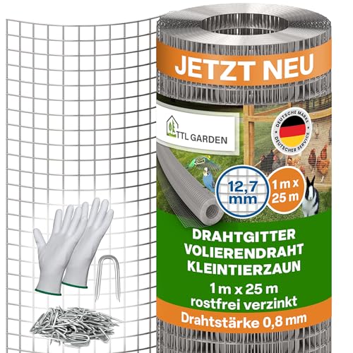 TTL GARDEN 1x25m Drahtgitter 12,7mm Masche 0,80mm Draht auf Rolle - feinmaschig rostfrei verzinkt Stärke 12,7 mm Maschenweite Volierendraht Maschendraht Hasendraht Wühlmausgitter 25m x 1m breit