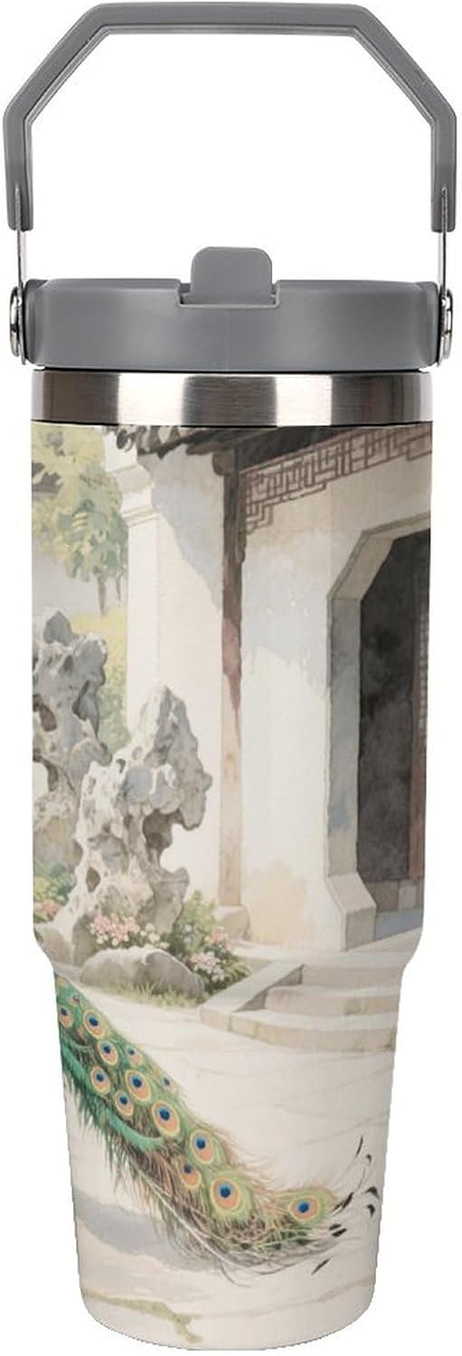 30 Oz Insulated Mug with Handle Lid And Straw A Peacock Pattern Large Metal Sports Bottle Great for Gifts Parties Office Coffee