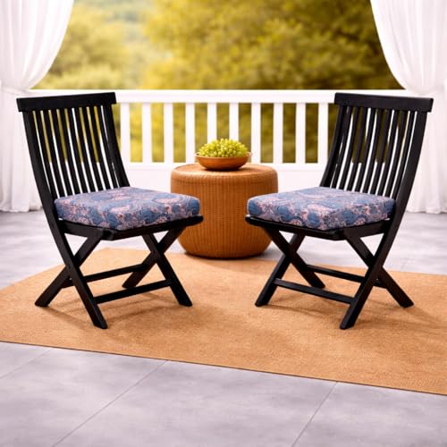 Image of WELL KNOWN Set of 2 Wooden Folding Chairs with Cushion Seat | Walnut Finish Solid Wood Patio & Balcony Chairs | Space Saving Indoor Outdoor Furniture (Blue Cushion)
