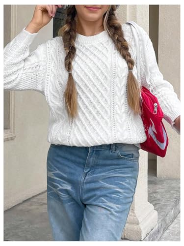 SHENHE Girl's Cable Knit Sweater Oversized Crew Neck Long Sleeve Fall Knit Sweater Pullover4