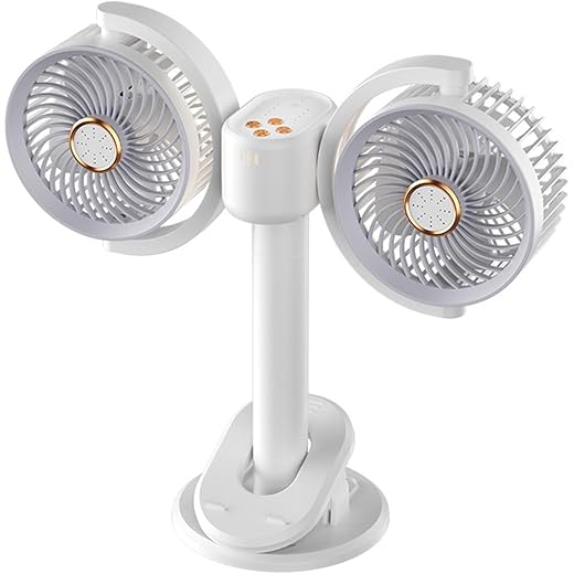 Double Head USB Rechargeable Clip Fan, 360? Rotatable, 4-Speed Adjustable, Dual Independent Control, Portable Clamp Fan with Ambient Night Light & Timer for Home, Office, Camping