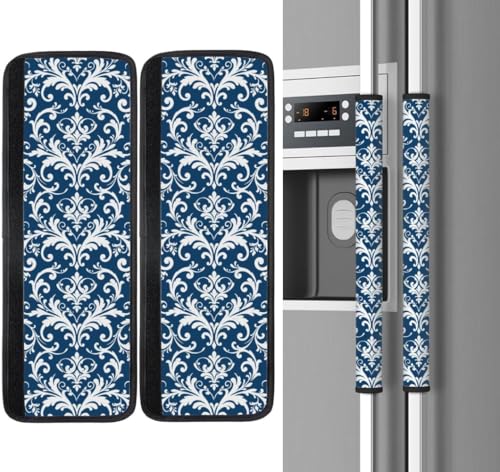Image of Blue Vintage Refrigerator Door Handle Covers Set of 2, Neoprene Fridge Door Handle Covers Washable Non-Slip Protector for Fridge Dishwasher Appliance Handle Covers, Keep Your Kitchen Clean