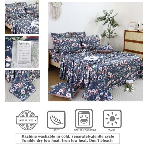 Image of FADFAY Sheets Set King Vintage Dark Blue Floral Bedding Shabby Peony Floral Sheets Navy French Country Farmhouse Bedding 800 Thread Count 100% Egyptian Cotton Deep Pocket Fitted Sheet 4Pcs, King Size