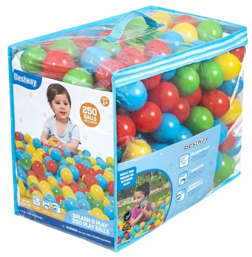 Image of Bestway Splash & Play 250 Ball Pit Balls, Multi-Color, 2.3" Balls, Ages 1+ | Heavy-Duty Plastic Play Balls, Use With or Without Water, Puncture-Resistant Material, Motor Skill Development, Airtight Seam