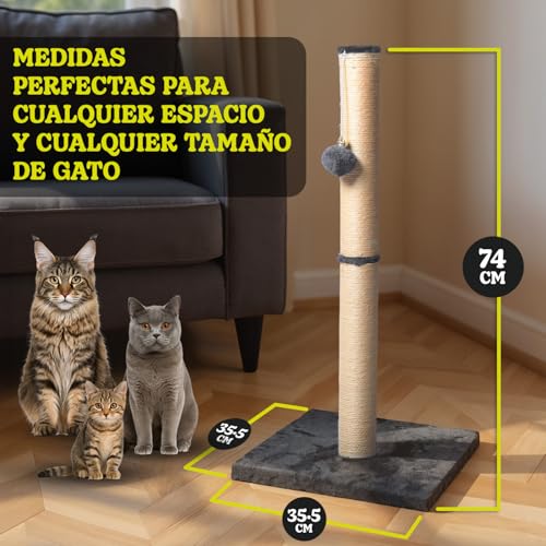 Rascador para Gatos Grandes, Poste Rascador de Sisal 74 cm con Cascabel en la Bola Colgante, Incluye Juguete de Plumas para tu Gato, Ideal para Afilado de Uñas y Diversión - imagen 6