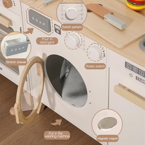 Kids Play Kitchen - Wooden Multi-Function Washing Machine for Kids Kitchen Playset - Pretend Toddlers\' Kitchen Toy Washer with Accessories - Perfect Baby Gift for Ages 3-8