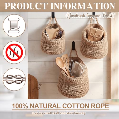Image of Honeydak 3 Hanging Baskets, Light Linen, Barrel, Cotton Rope