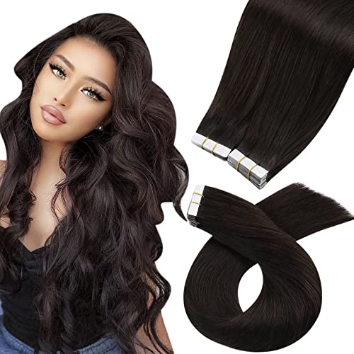 Moresoo Darkest Brown Hair Extensions Tape in Human Hair Extensions 16 Inch 40 Pieces Glue on Real Human Hair Color #2 Darkest Brown Thick End Soft Hair Invisible Tape in Straight Hair 100g
