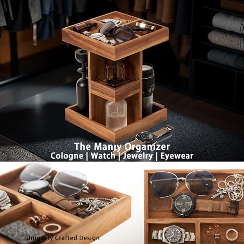 Image of Cologne Organizer for Men, Solid Acacia Wood 3-Tier Rotating Stand - Natural Grain Bathroom & Vanity Organizition for Perfume & Skincare, Premium Desk Decor, Unique Birthday Gifts