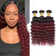 T1B/99J Ombre Burgundy Bundles Human Hair Deep Wave 24 26 28 Inch Deep Wave Human Hair Bundles Brazilian Virgin Remy Quick Weave for Black Women T1B/99J Color
