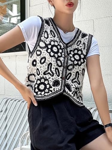 GORGLITTER Women's Embroidered Crochet Knitted Vest Tops Boho Floral Button Front Sweater Vest3
