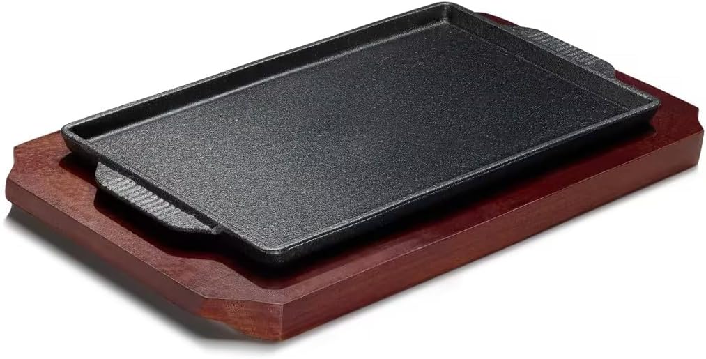 Cast Iron Steak Plate, Grill Pans, Sizzle Griddle with Wooden Base, Steak Pan, Griddle Grill Pan with handles (Plate with Base 6.7" x 4.4")