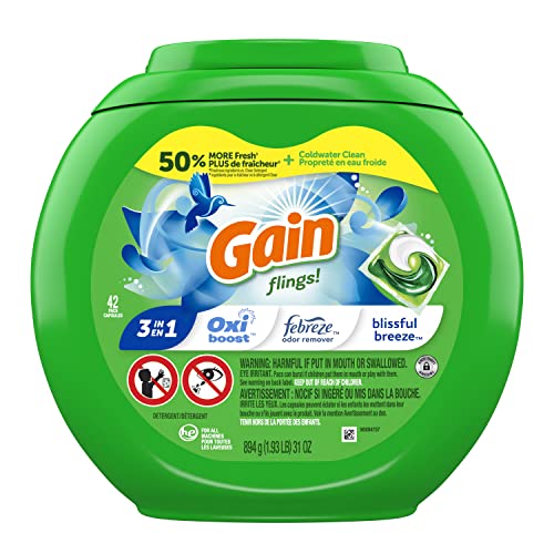 Image of Gain flings Laundry Detergent Soap Pacs, HE Compatible, 42 Count, Long Lasting Scent, Blissful Breeze Scent
