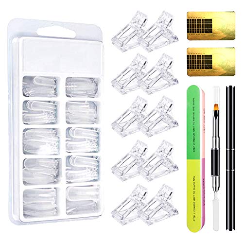 212Pcs Quick Building Nail Set,100Pcs Dual Nail Mold Clear Nail Extension Form Tips,100Pcs Nail Forms,10Pcs Nail Tips Clips with Dual-Ended Brush and Seven-sided Nail Files for Woman