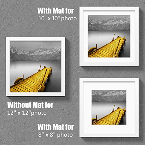 12X12 Picture Frames White Solid Wood Display Pictures 10X10 Or 8X8 With Mat Or 12X12 Without Mat - 12X12 Inch Square Photo Frames With 2 Mats For Wall Or Tabletop Mount, 1 Pack #TOP1