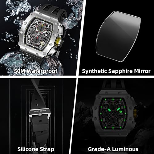 Image of TSAR BOMBA Mens Luxury Watch Watches for Men 50M Waterproof Japanese Quartz Movement Tonneau Stainless Steel Case Sapphire Glass with Chronograph Date Function Cool Unique Fashion Gift