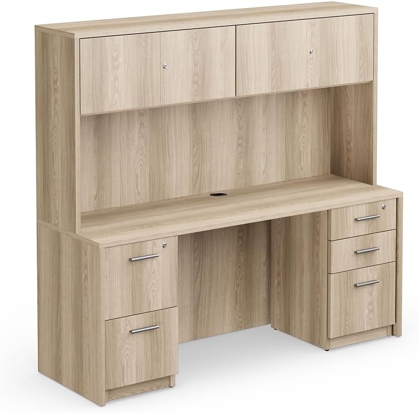 NBF Credenza and Hutch Set - Warm Ash Laminate | 71" W x 23" D, Office Desk, Stylish Storage Solution
