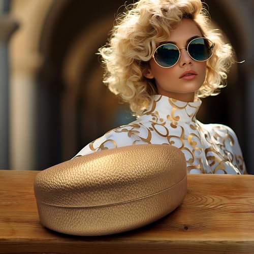 Image of Large Curved Sunglasses Case - Women Hard Shell Glasses Holder - XL Large Eyeglass Case with Pouch &Cloth