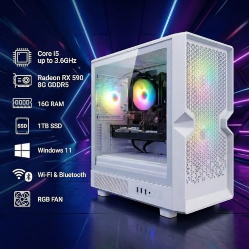 Image of STGAubron Gaming PC Desktop Computer, Intel Core i5 up to 3.6GHz, Radeon RX 590 8G, 16G RAM, 1TB SSD, WiFi 6, BT 5.0, RGB Fan x 3, Windows 11 Home
