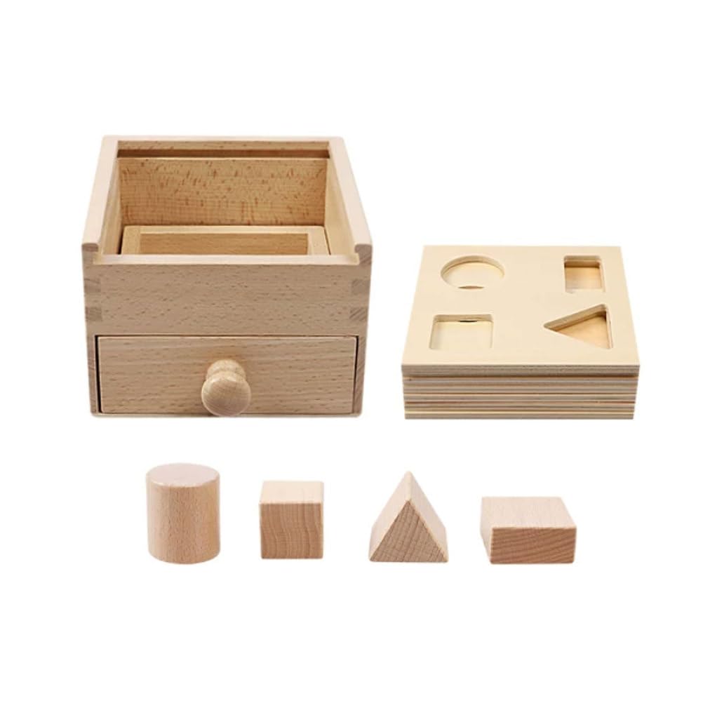 ttnmrc Montessori Shape Sorter Box, Wooden Geometric Shapes Sorting Toy with Drawer, Fine Motor Skills Learning Toy