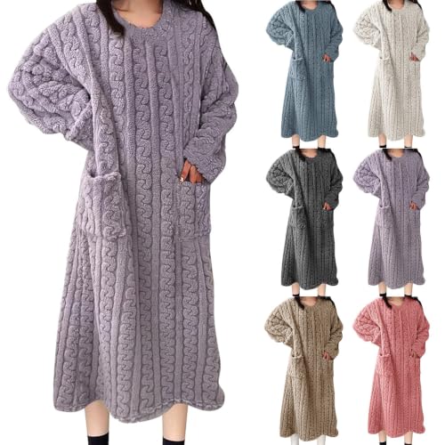 Huyxcye Flannel Nightgowns For Women Long Sleeve Fleece Dress With Pockets - image 1