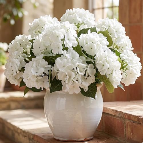 Daynight 4 Pcs Hydrangea Artificial Flowers Outdoor Silk Bouquets UV Resistant Faux Hydrangeas Flowers for Table Vase Centerpieces Outside Party Wedding Baby Shower Home Outdoor Decor (4 White)