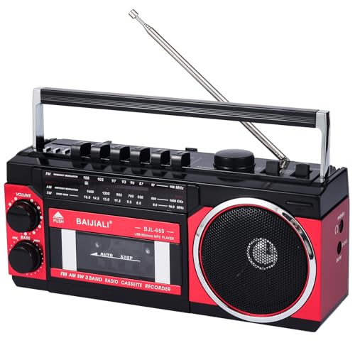 Portable Cassette Player with AM/FM/SW Radio & BT Boombox for Home and Travel Record from Radio Play via SD/USB Headphone Jack AC/Battery Power