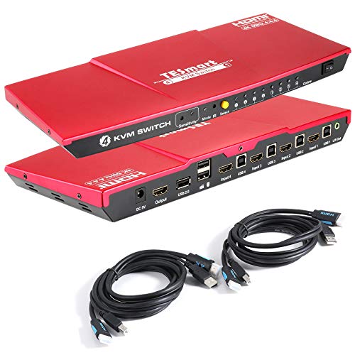 TESmart Newest HDMI KVM Switch 4 Port 4K @60Hz Ultra HD 4x1 with 2 Pcs 5ft KVM Cables Supports Keyboard & Mouse Pass Through USB 2.0 Device (Red)