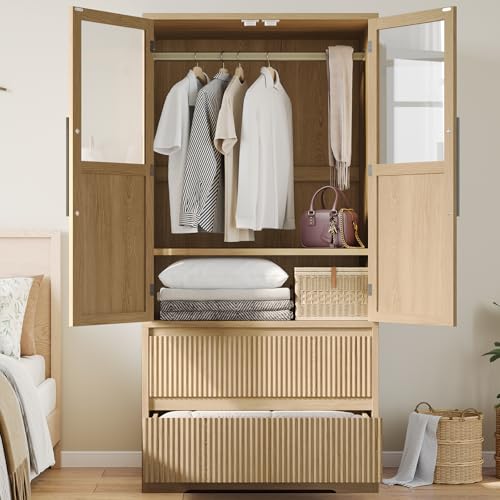 GarveeHome Bedroom Wooden Armoire Wardrobe Closet, Freestanding Large Wardrobe Armoire Cabinet with Glass Doors and 2 Drawers, Shelves & Hanging Rod for Bedroom, Clothes, Natural
