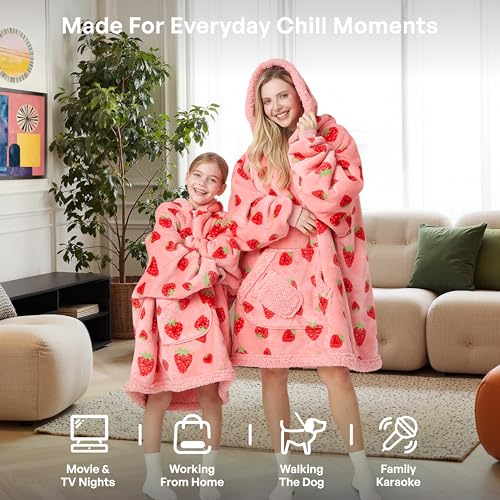 Image of Giggling Getup Wearable Blanket Hoodie for Girls and Boys Warm Cozy Sherpa Fleece Hooded Blanket Sweatshirt Oversized Hoodie with Giant Pocket & Sleeves for Kids Strawberry