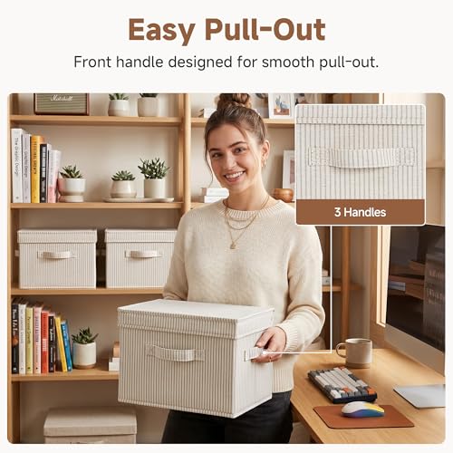 Image of StorageWorks Fabric Storage Bins with Lid, Decorative Storage Boxes for Shelves, Stackable Closet Organizer Basket with Handles, Medium, Khaki and Beige Stripes, 2-Pack