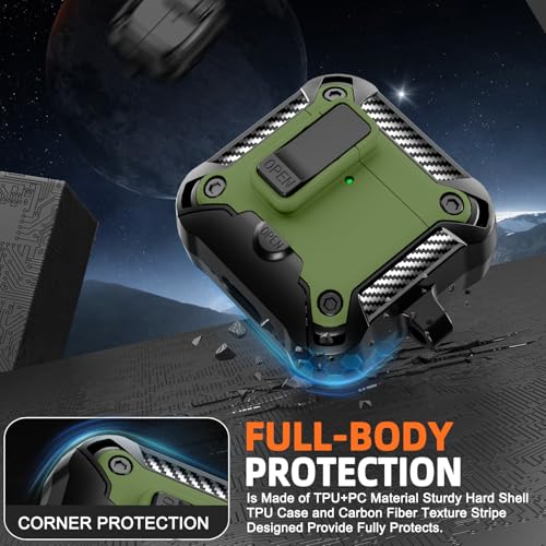 Image of for AirPods 4 Case with Lock & Phone Stand(Dark Green) | Automatic Snap Switch Lock,Carbon Fiber Texture Design Cover with Cleaner Kit