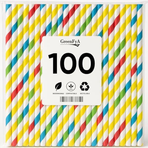 Pajitas de Papel Biodegradable, 20cm, Colores, Desechables, Ecológicas y Compostables (100)