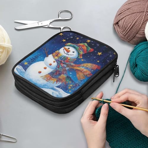 Image of Snowman Crochet Hook Case Portable Stars Knitting Needle Case with Web Pockets Crochet Storage Organizer for Trave