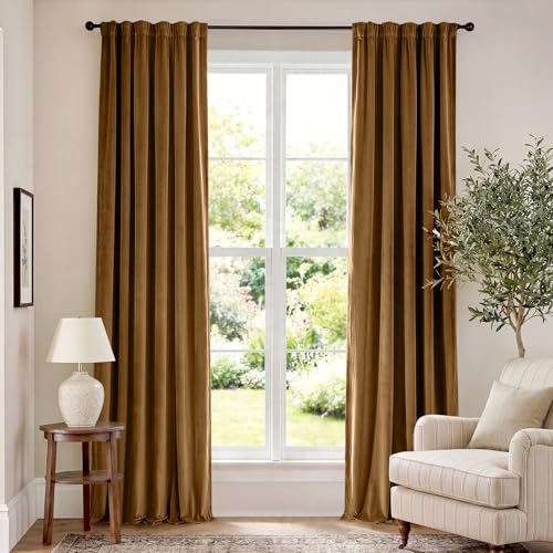 Image of Blackout Golden Brown Velvet Curtains Rod Pocket 52x90 Inch 2 Panels | Soft Velvet, For Bedroom & Living Space, Light Shifting Texture, Elegant Luxury Drape, Rich