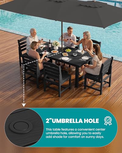 Image of SERWALL 7-Pc HDPE Patio Dining Set, 1 Table & 6 Armless Chairs, Black | HDPE Outdoor Dining Set with Rectangular Table & 6 Armless Chairs, All-Weather Resistant SERWALL Dining Set for 6