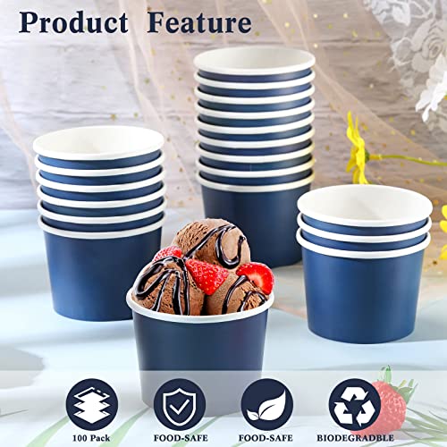 Image of Didaey 100 Pcs Paper Ice Cream Bowls Disposable Dessert Cups Yogurt Sundae Containers Disposable Yogurt Dessert Bowls for Food, Party Supply, Soup, Ice Cream, Blue(8 oz) (Pack of 2)