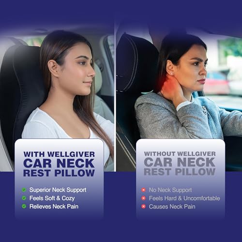 Image of WELLGIVER Orthopedic Memory Foam Car Neck Rest Pillow - Cervical Support Cushion for Neck Pain Relief, Adjustable Strap - Universal Fit for All Cars | Black Velvet