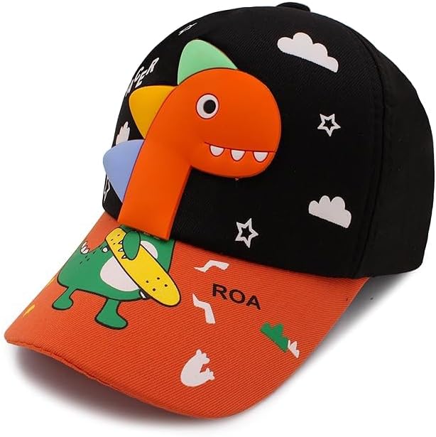 Comfortable Cartoon Dino Print Little Sports Cap for Active Kids, Baby Girls and Boys 3-12 Years (Black), Black, One Size