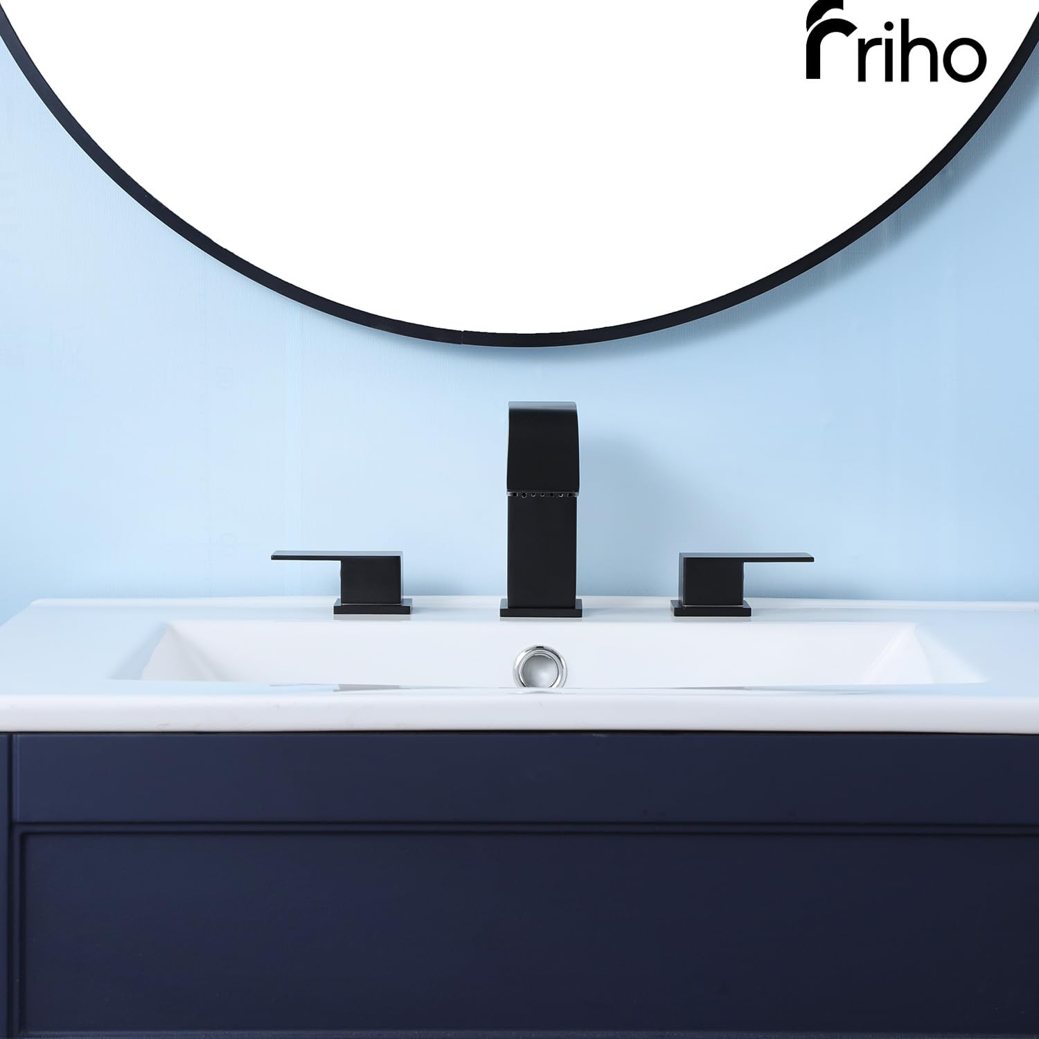 Friho Grifos de baño negros de 3 agujeros, cascada generalizada de 8 pulgadas, grifo cuadrado negro mate con drenaje emergente y líneas de suministro, dos asas para tocador, caravana, baño FR2DC17808B